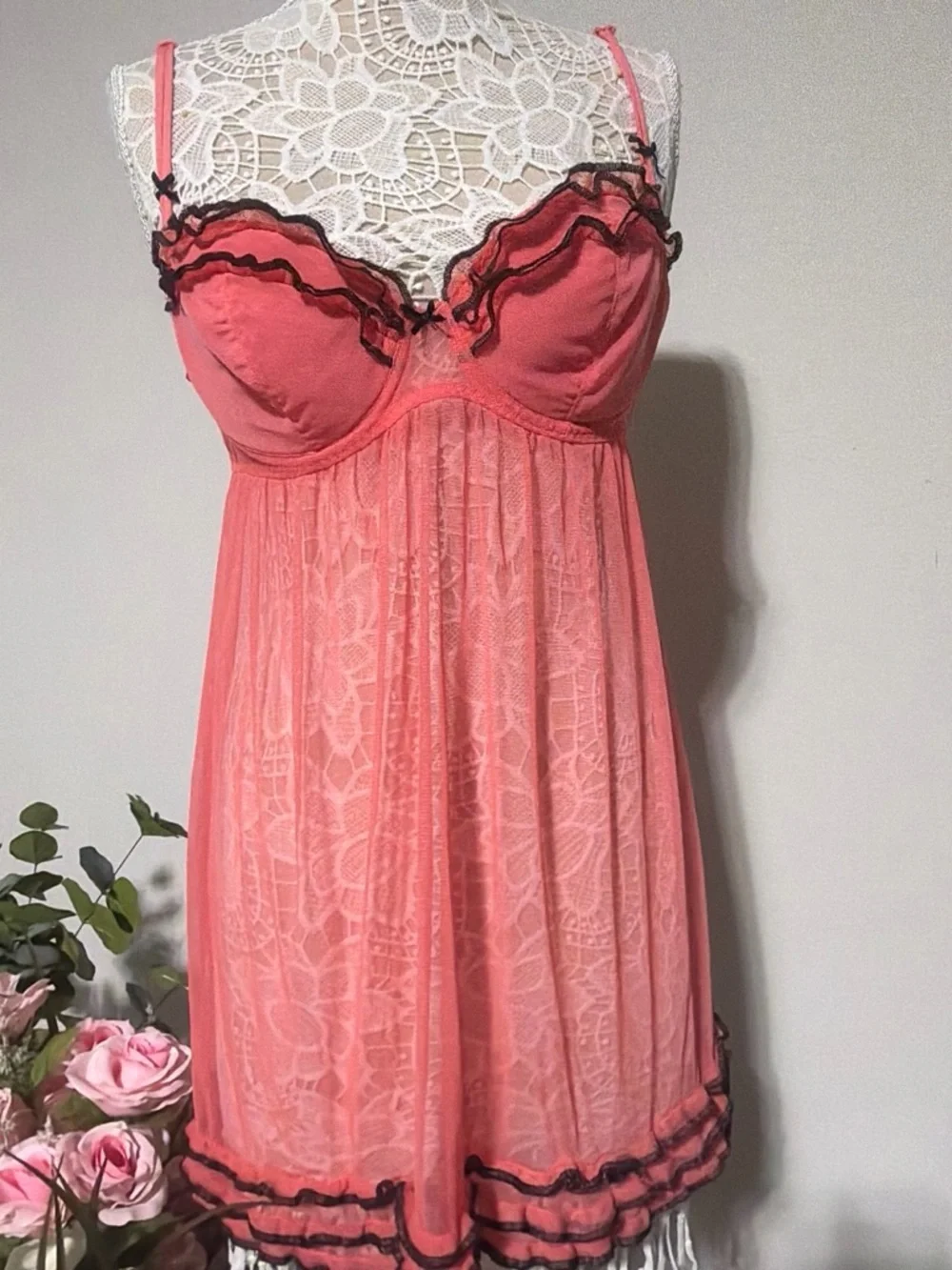 & Other Stories Coral Lace Babydoll Chemise with Black Trim